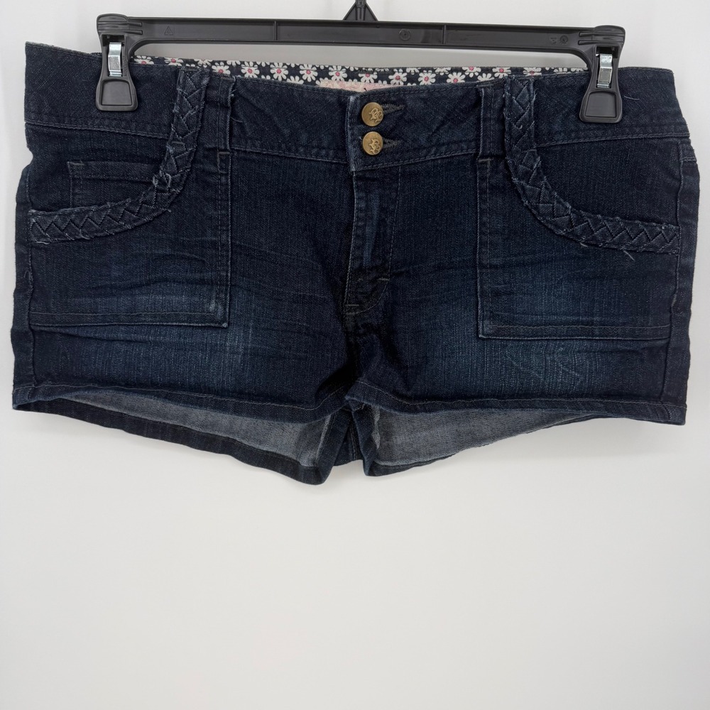 Boom Boom Jeans Dark Wash Braided Trim Denim Shorts Women 13 Low Rise Mini Y2K